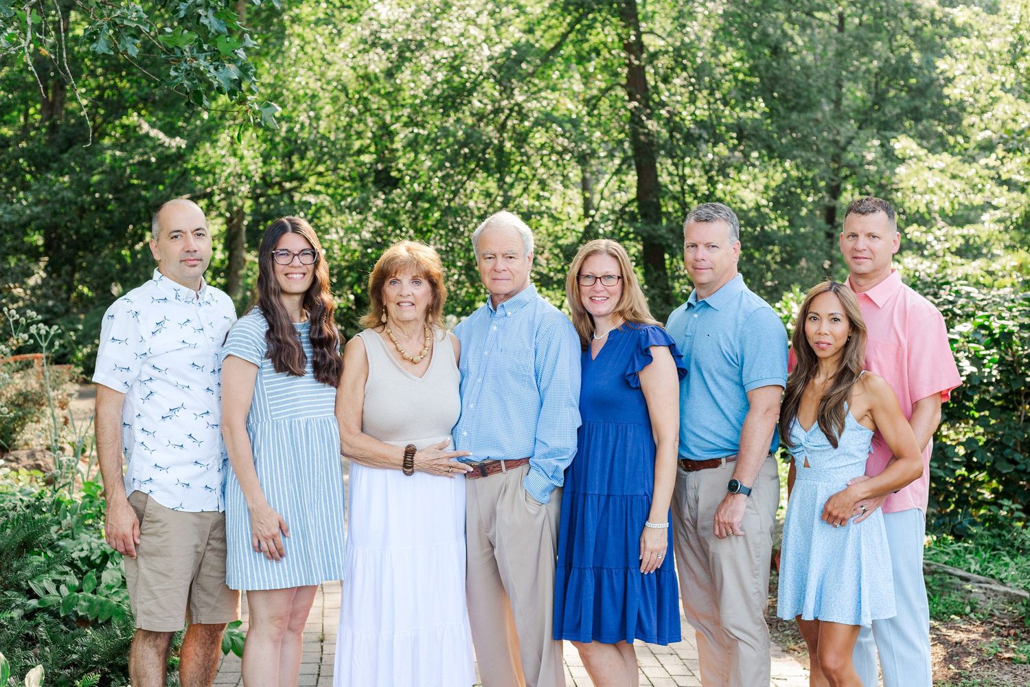 An extended family pose together at Botanical Gardens in Clemson, SC