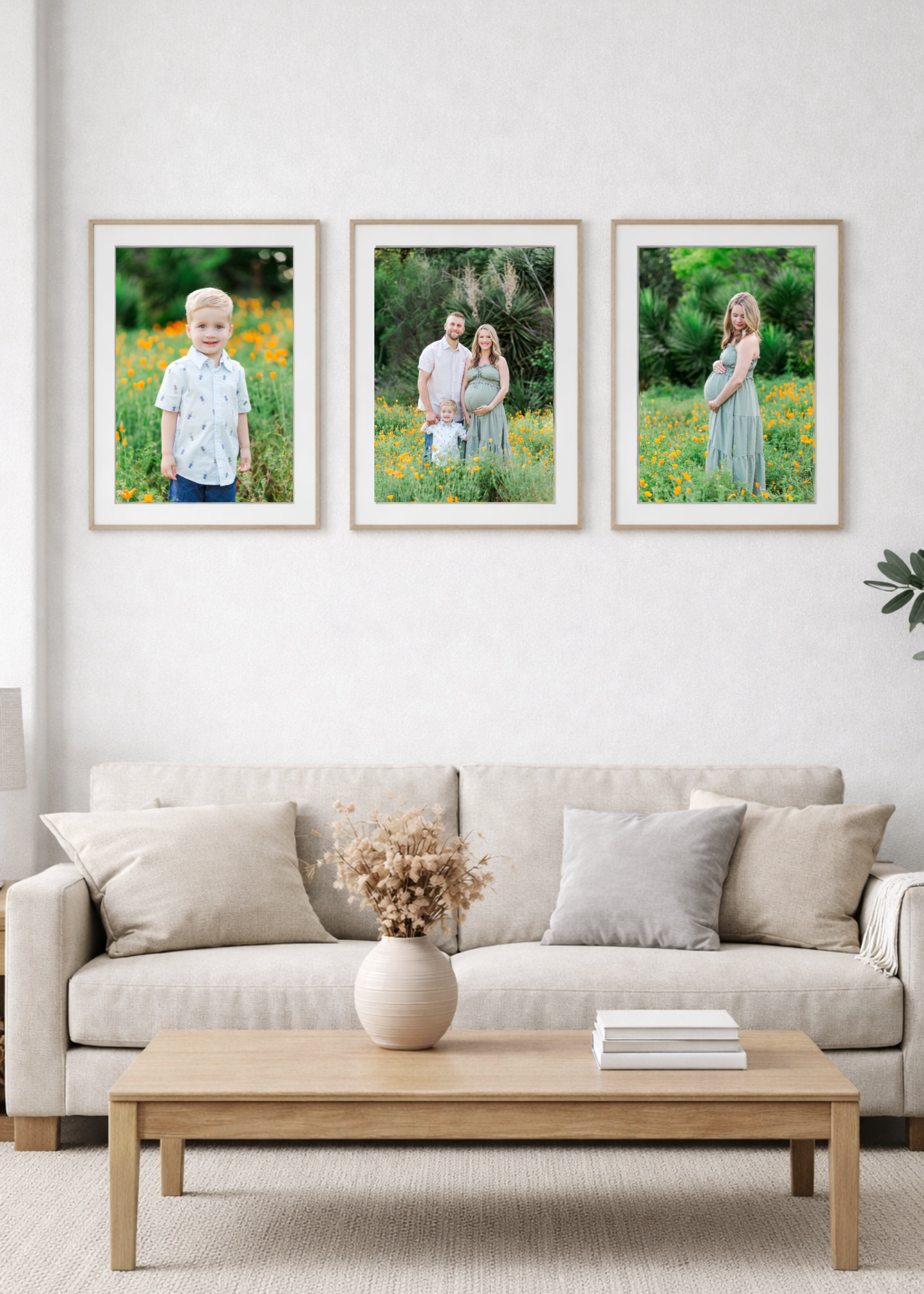 A modern living room features a beige sofa and three framed landscape photographs displayed on a white wall.