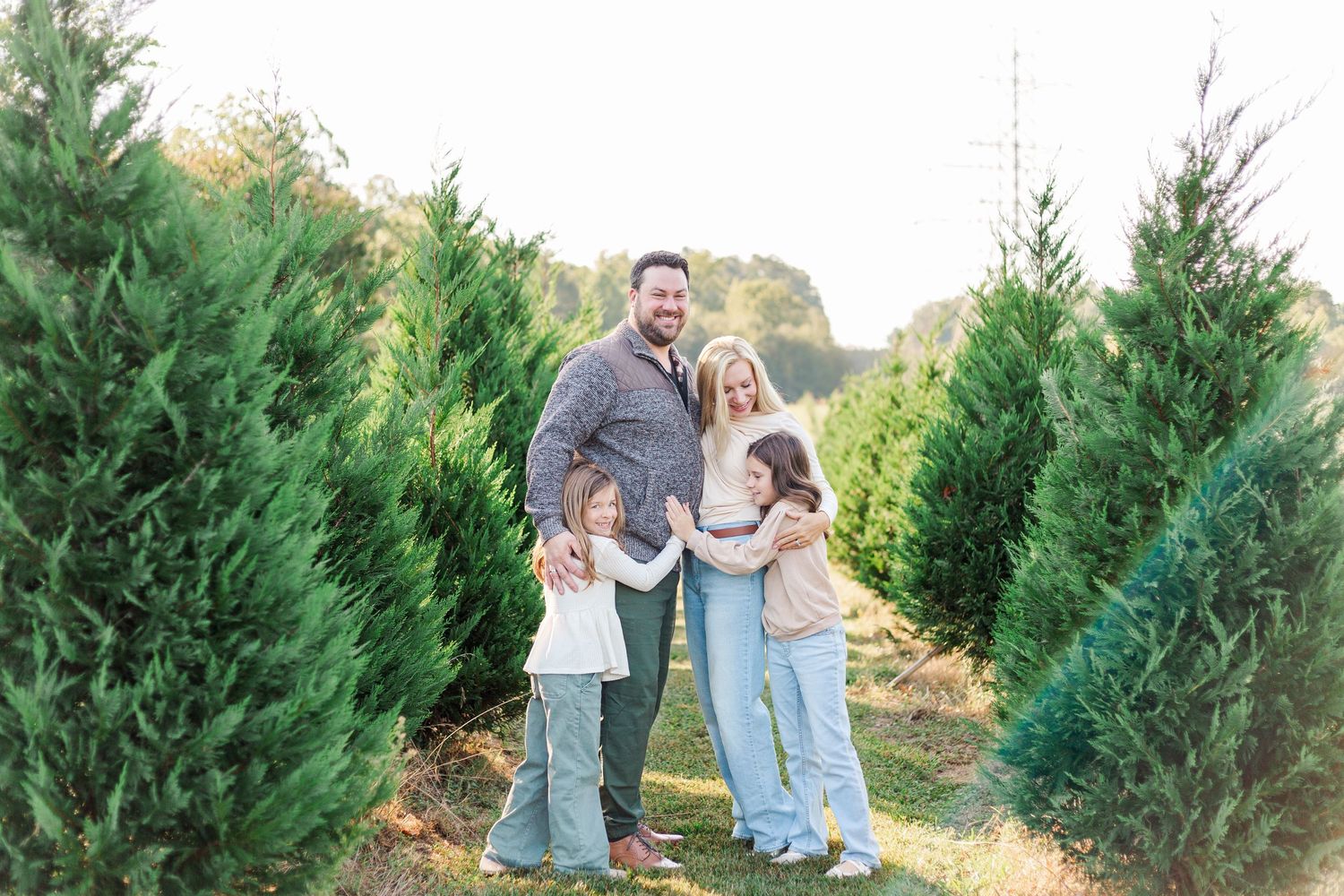 Family walking together through rows of evergreen trees at sunset on a tree farm.