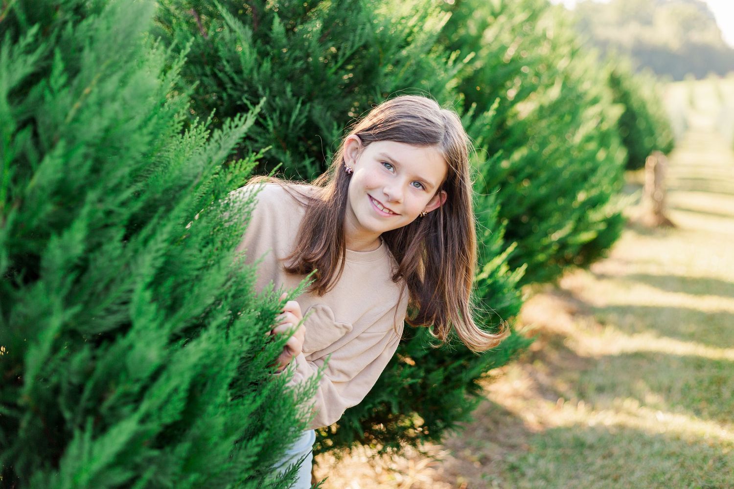 Family photo session series against evergreen trees in Greenville, SC.