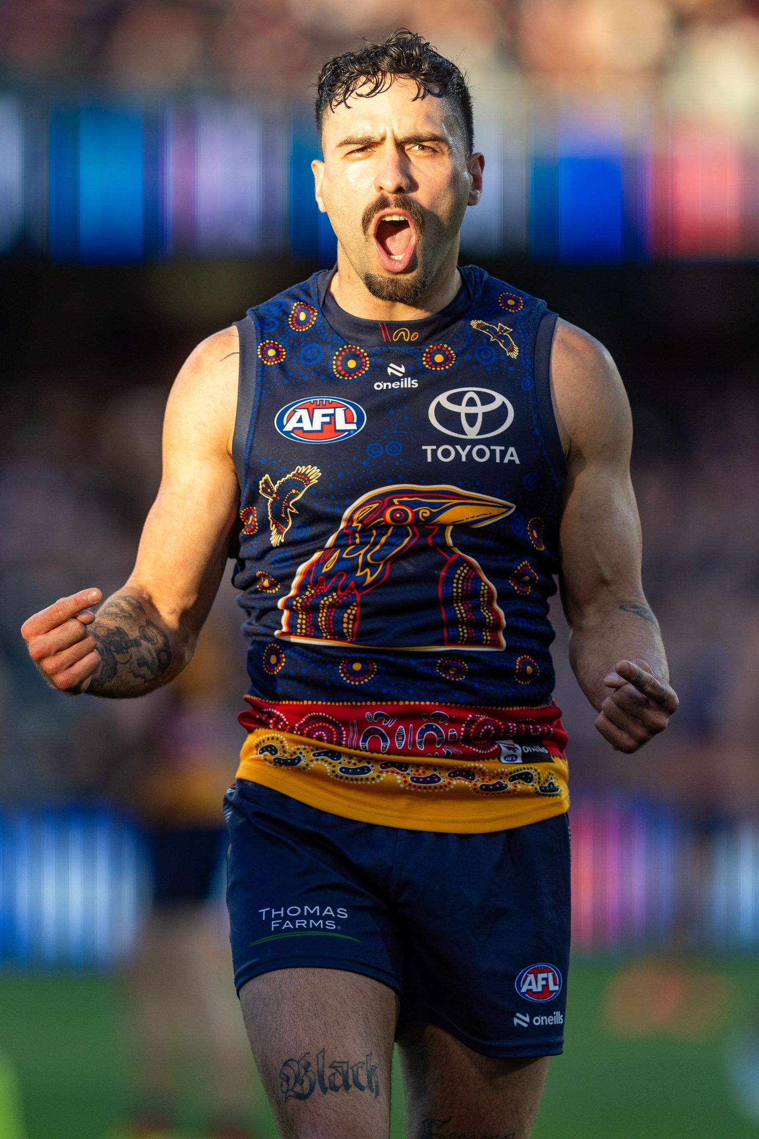 AFL player in Adelaide Crows indigenous jersey celebrates intensely during match.