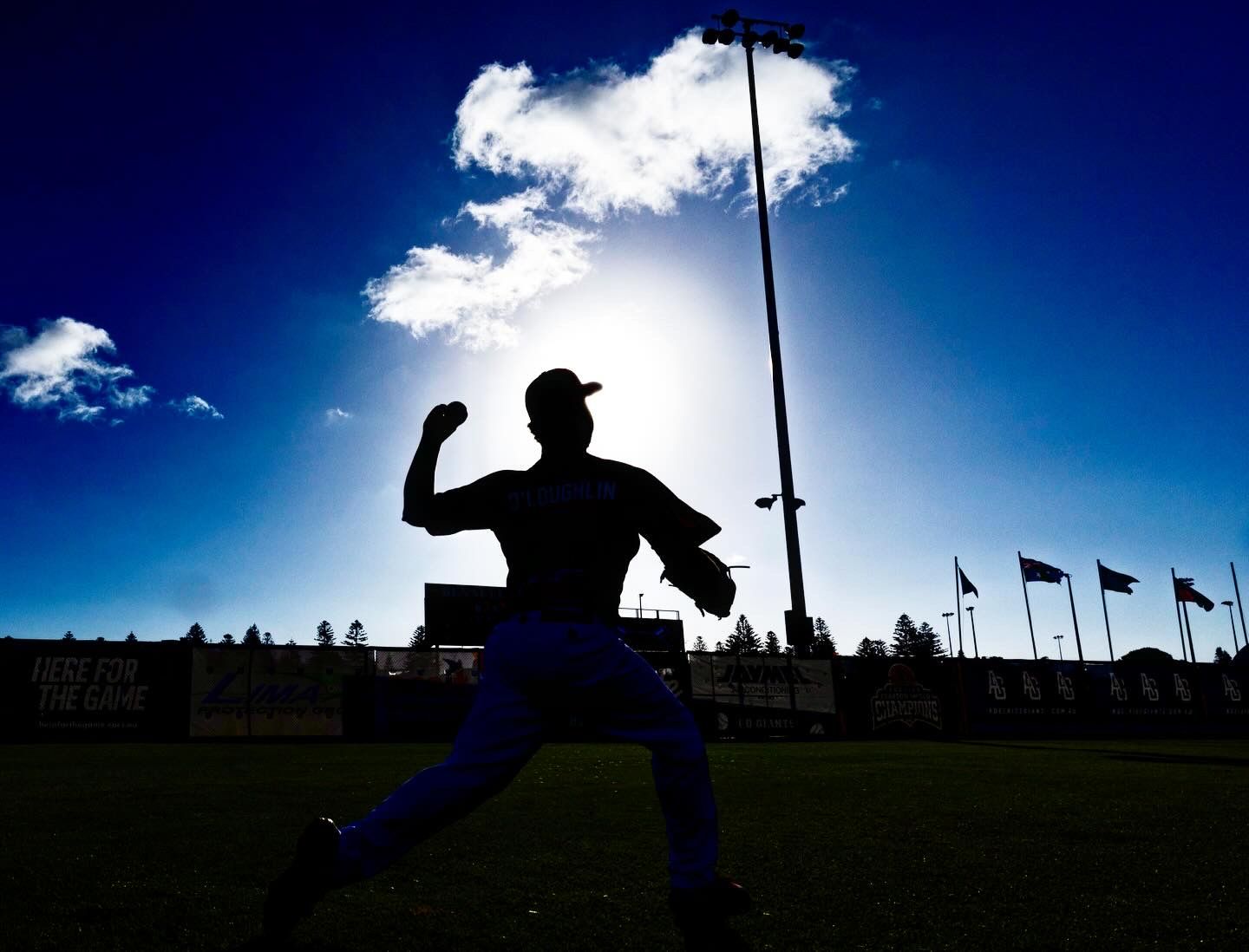 Silhouetted figures against bright blue sky with white clouds during a sports event.
