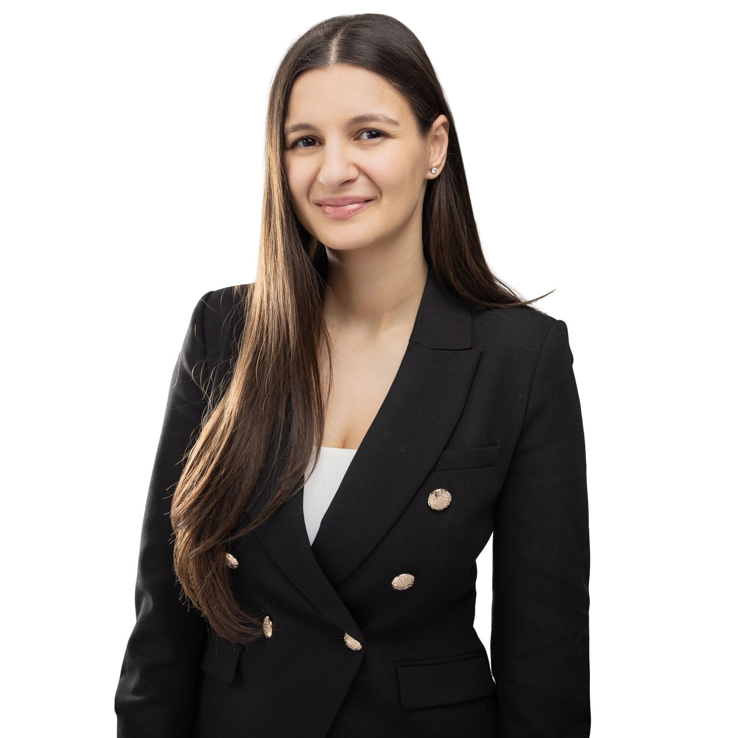 Professional headshots showing person in black blazer with gold buttons.
