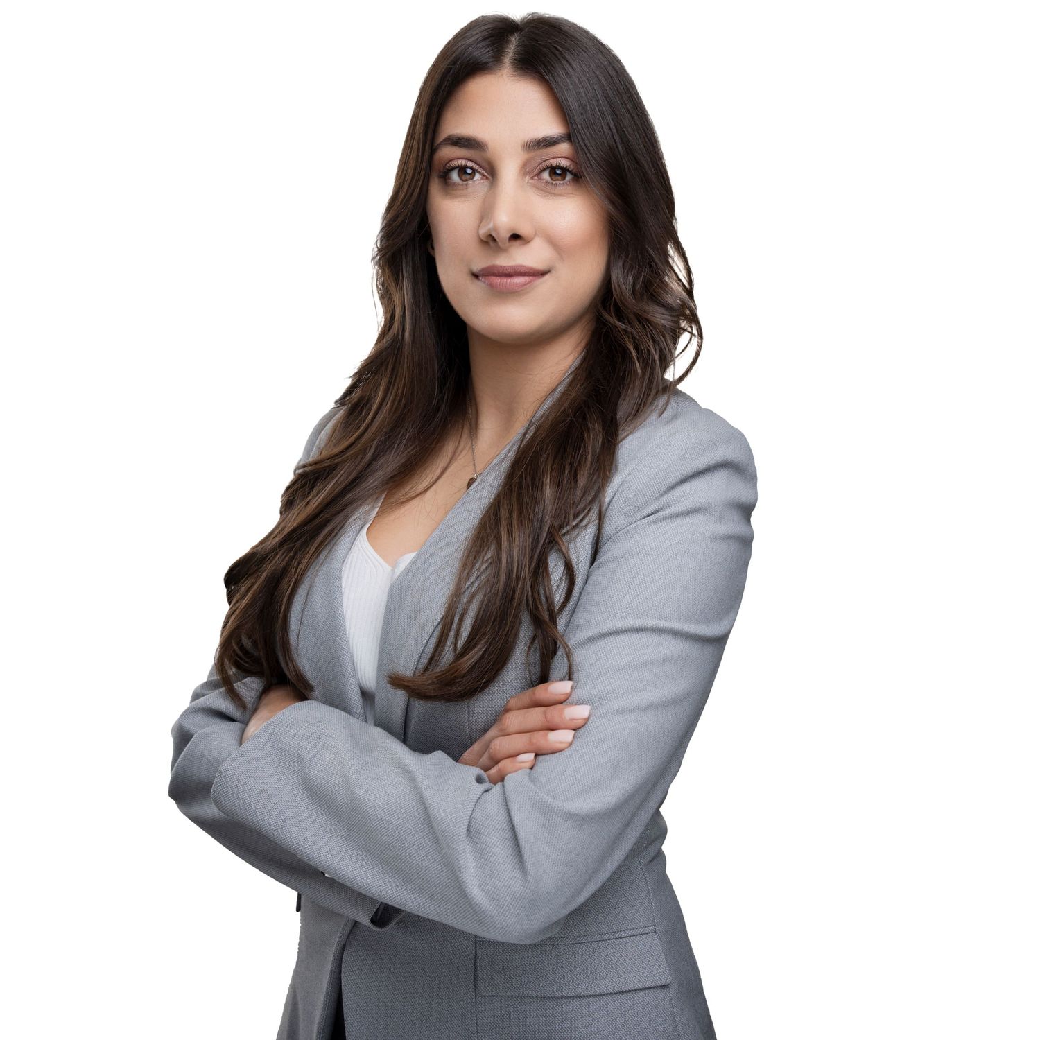 Series of professional portraits showing person in gray suit jacket.
