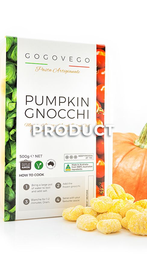 Packaging and product display of Cogovego pumpkin gnocchi pasta with fresh ingredients and cooking instructions.