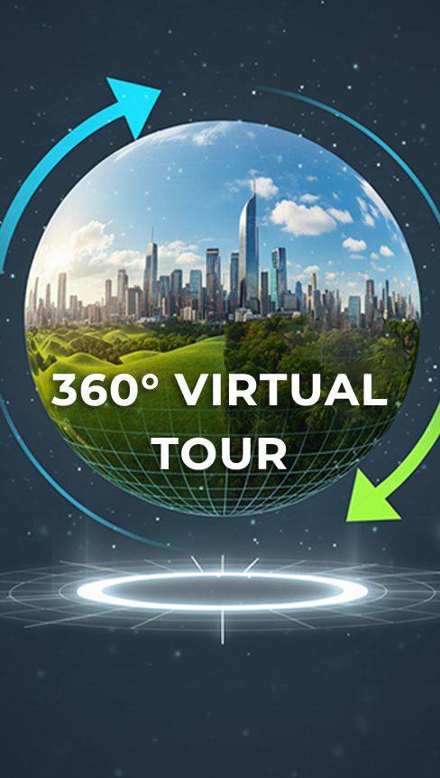 A 360-degree virtual tour interface showing city skyline and green landscape views in a futuristic spherical display format.