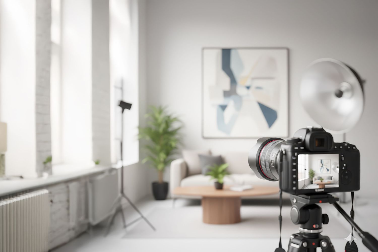 Professional photo studio with natural lighting, plants and photography equipment.