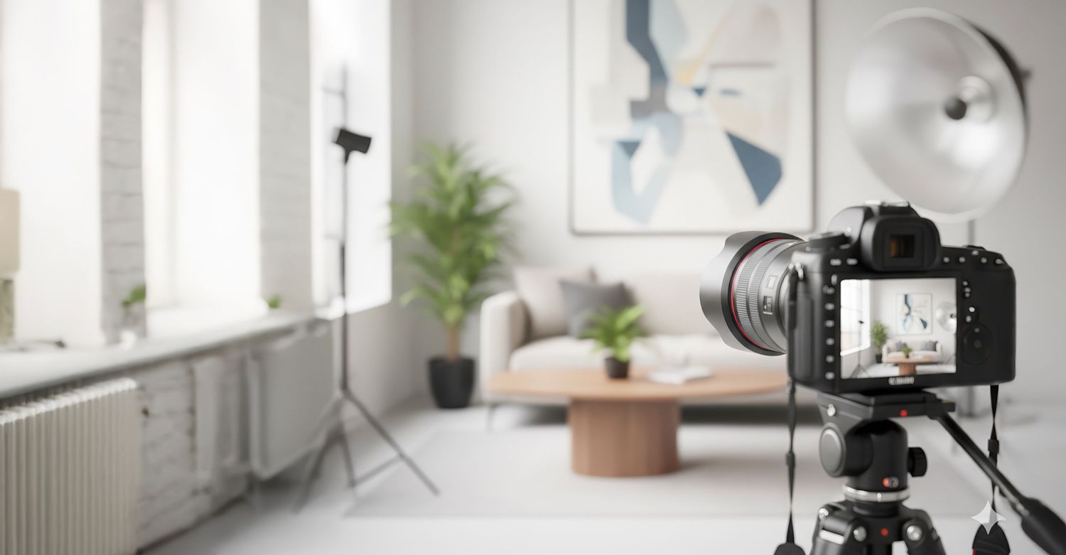 Professional photography setup with camera equipment and lighting in a bright modern studio space.