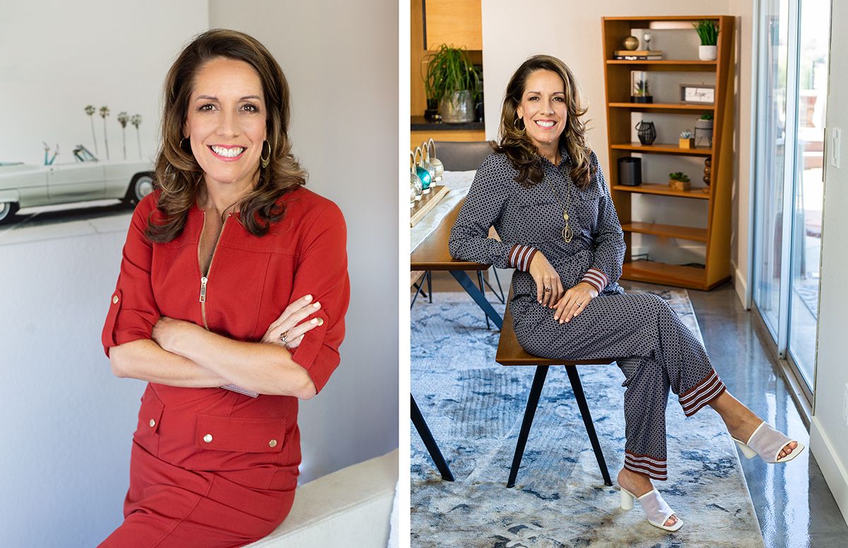 Collection of casual lifestyle photos showing someone in red attire in various home settings.