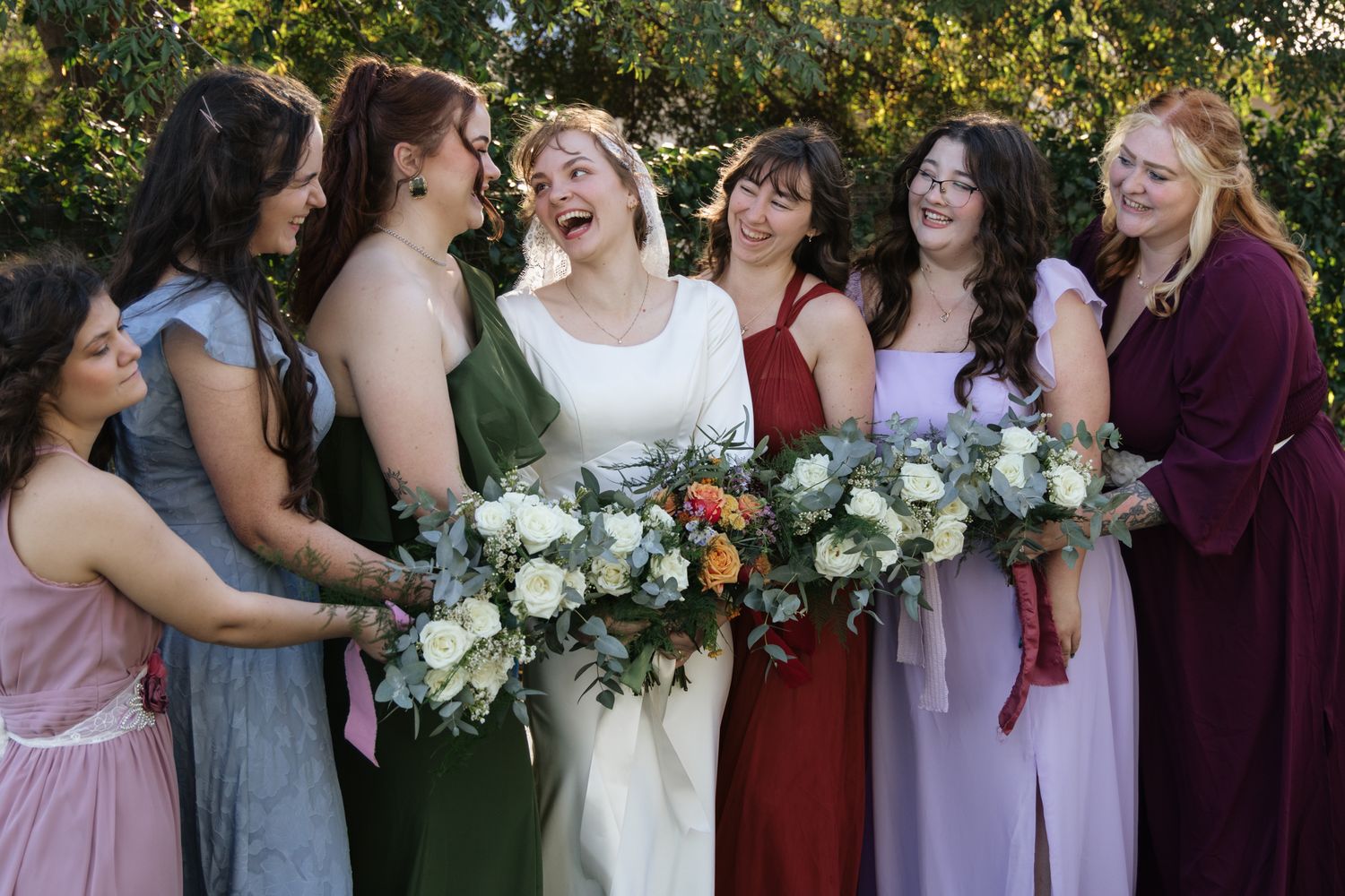 A collage of wedding party photos showing people in formal attire holding floral bouquets outdoors.