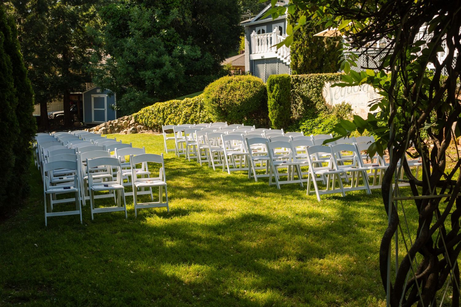 White chairs arranged on a sunny lawn for an outdoor wedding ceremony.