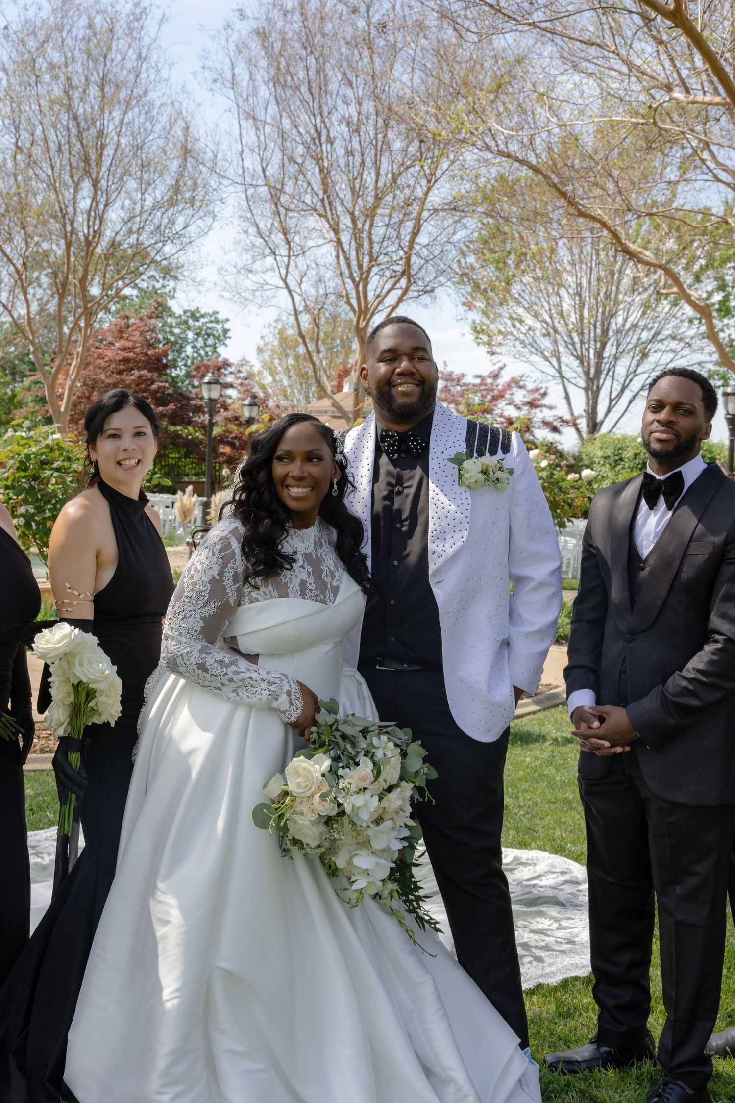 A wedding party in formal attire poses together outdoors in a sequence of candid celebratory shots.
