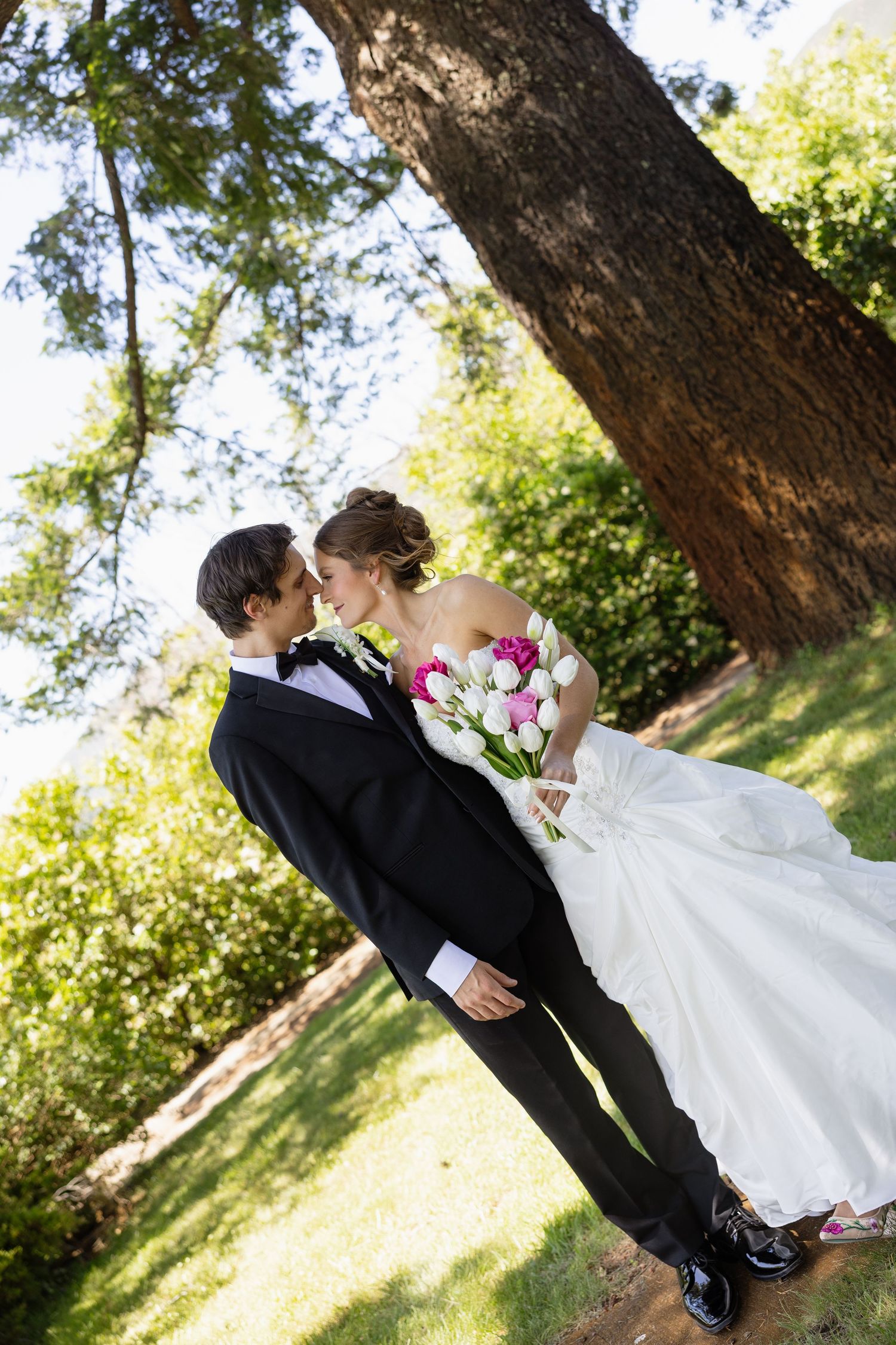 A bride and groom share a romantic kiss outdoors under a large tree, with the bride holding a pink and white tulip bouquet.