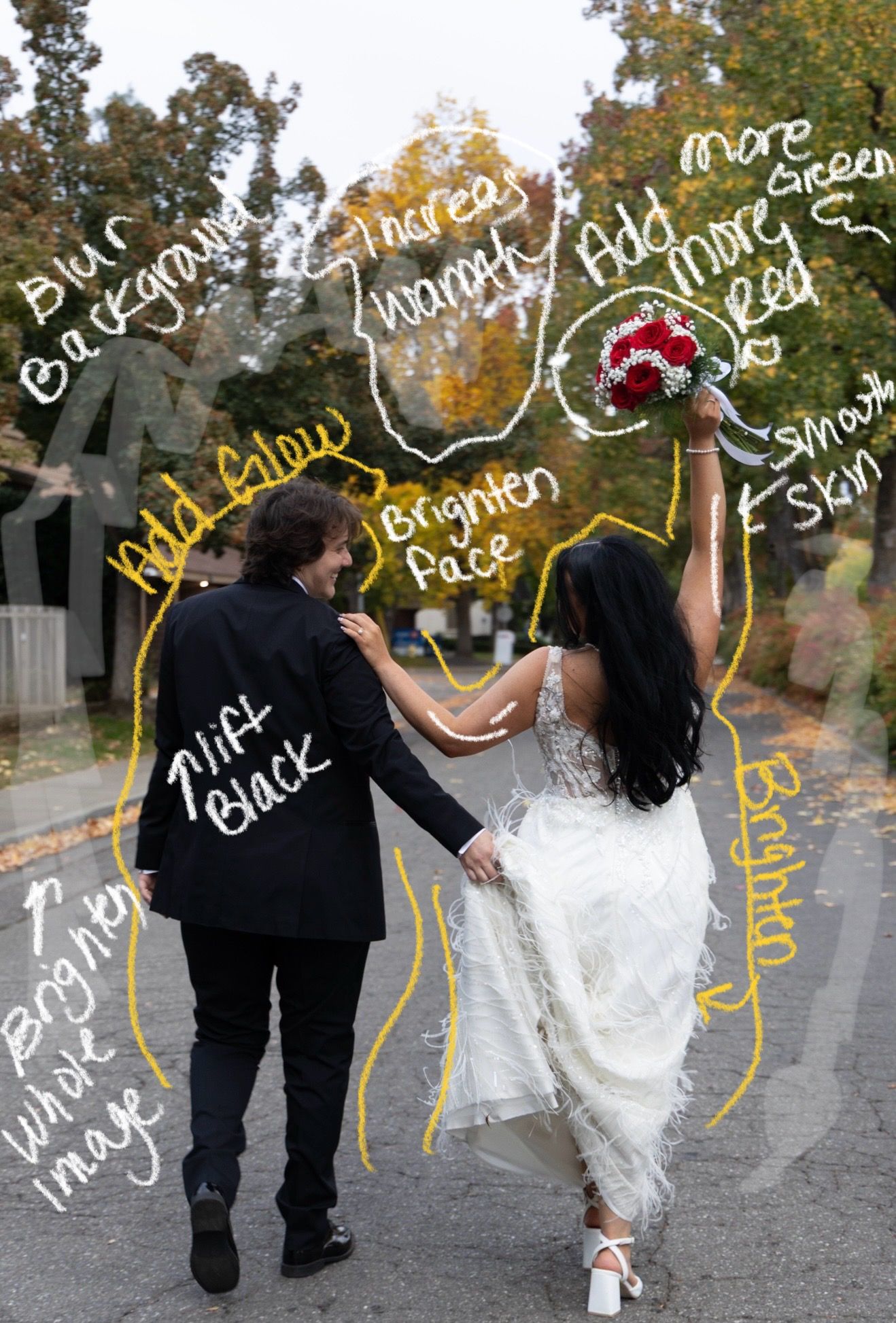 Wedding couple walking with handwritten overlay notes on black and white photo.