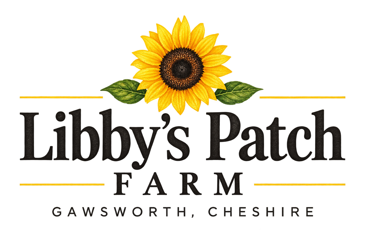 Libby's Patch Farm logo featuring a sunflower with green leaves, bold text, and location Gawsworth, Cheshire.