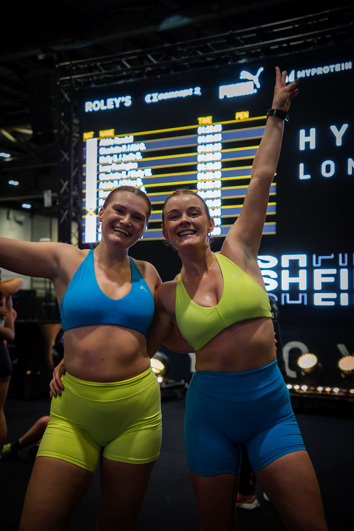 Two athletic women in matching neon yellow and blue sports outfits celebrate at a fitness competition event.