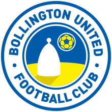 Bollington United Football Club circular badge with blue border, yellow and white design featuring a football and traditional hat.
