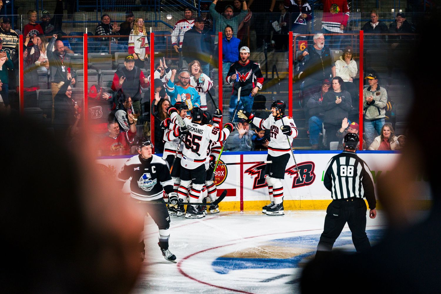 Hockey players celebrate after scoring a goal during an ice hockey game as officials and fans watch from the sidelines.