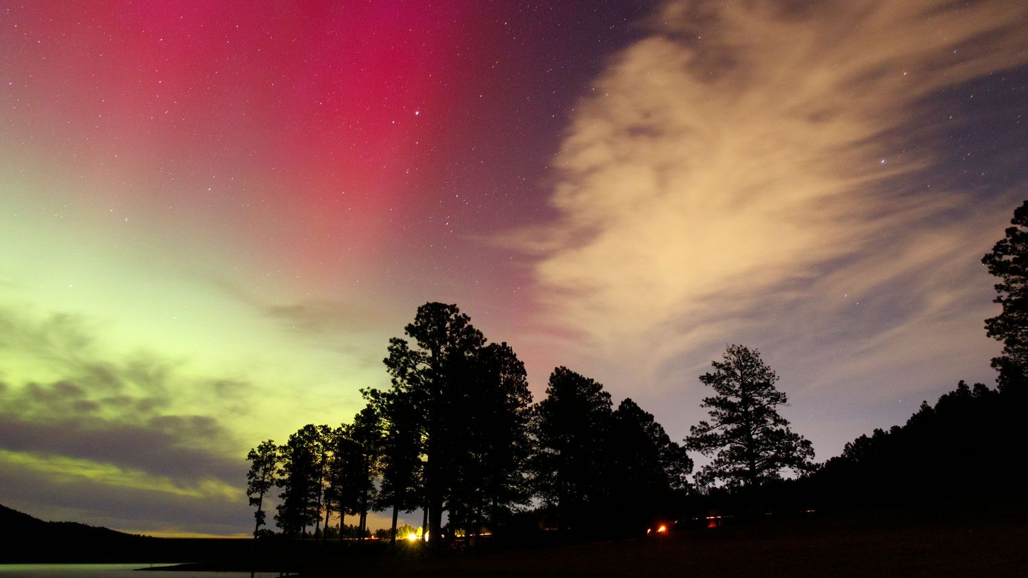 Colorful aurora borealis displays vibrant pinks and greens over silhouetted treeline.