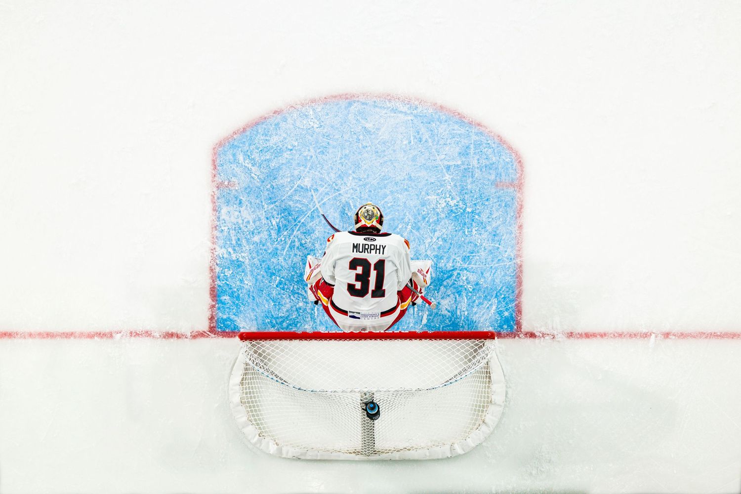 A hockey net with a blue ice background and red goal line viewed from behind the net.