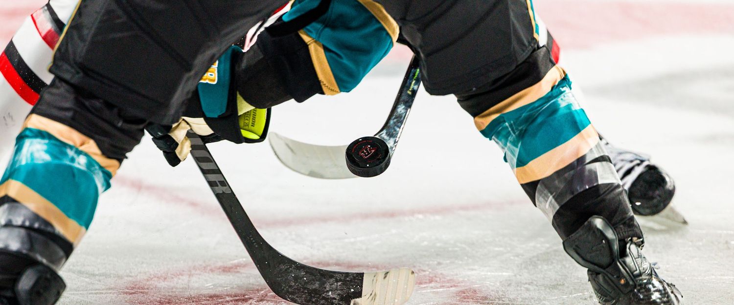 Ice hockey players in teal jerseys skate on the ice during a game with sticks and skates visible.