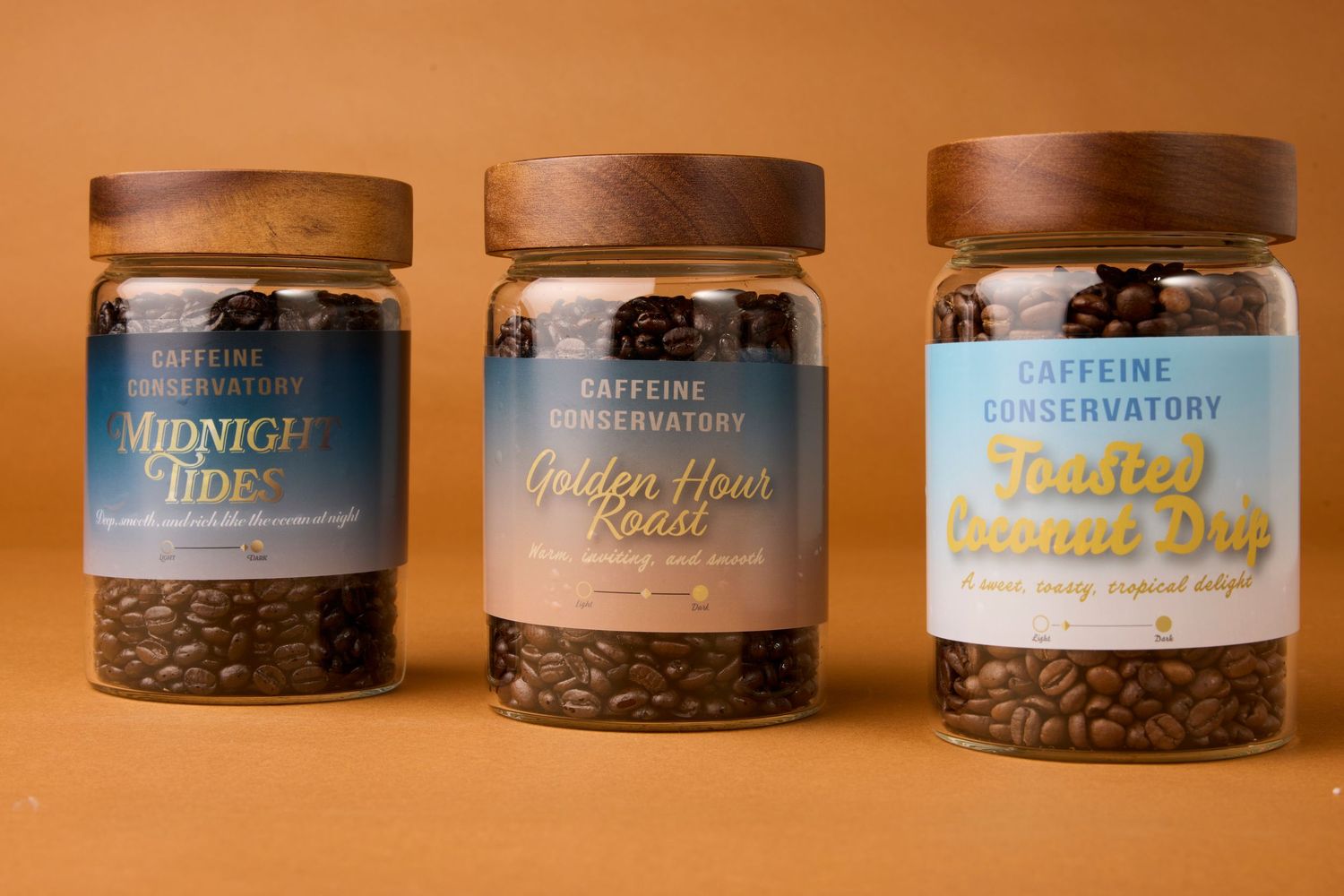 Collection of coffee bean jars with different roast labels lined up on an orange background.