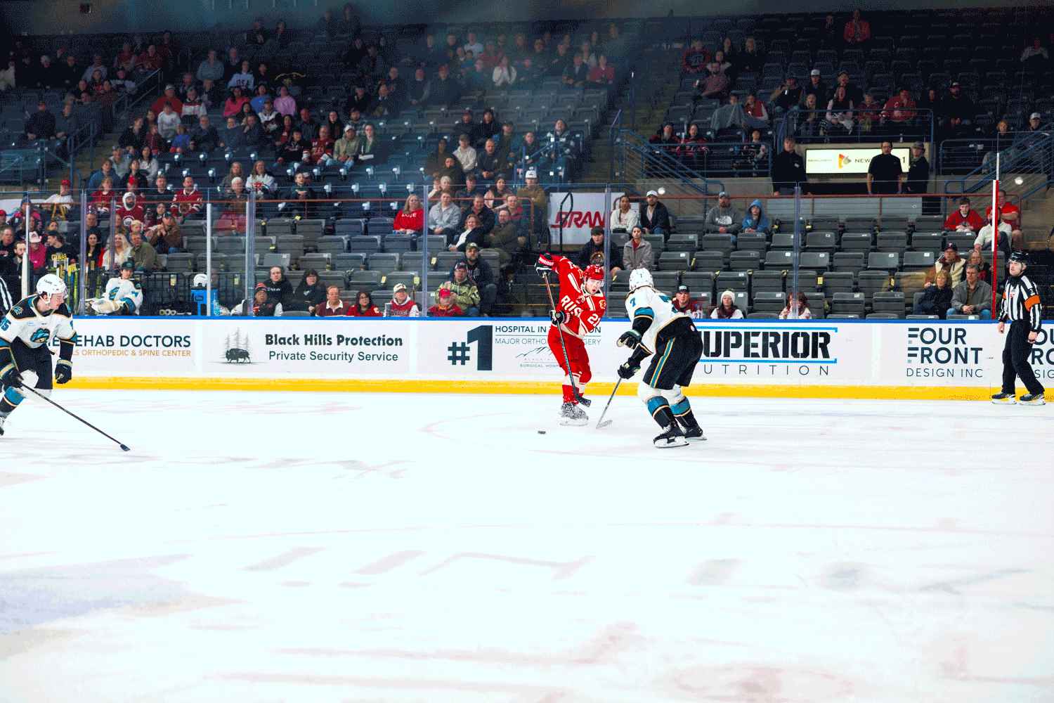 Hockey players compete on ice during a professional game with spectators visible in the arena stands.