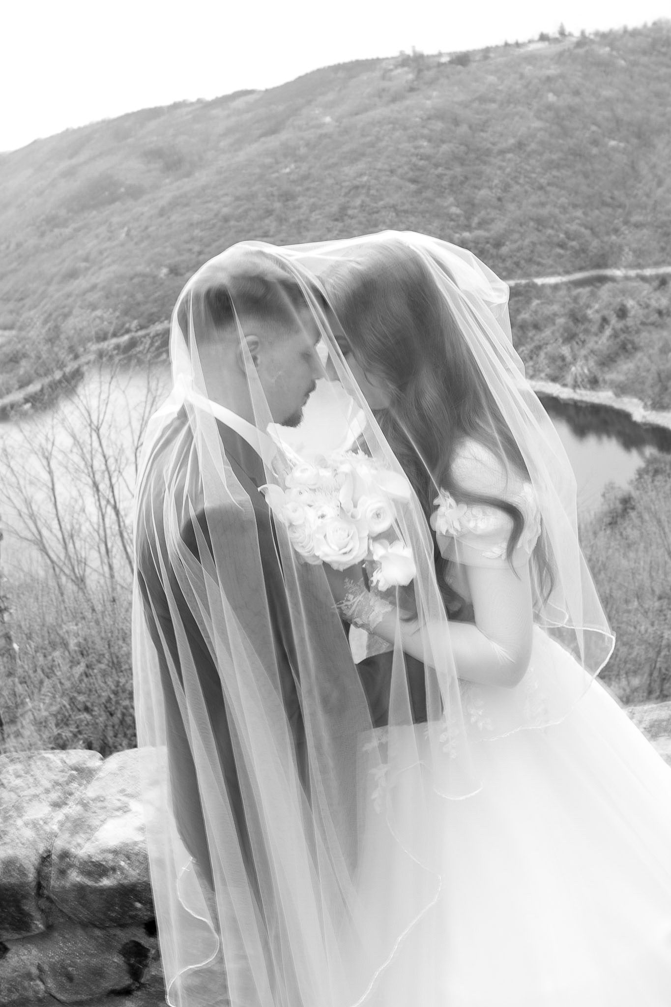 Black and white photo of bride and groom sharing a kiss under a wedding veil outdoors.