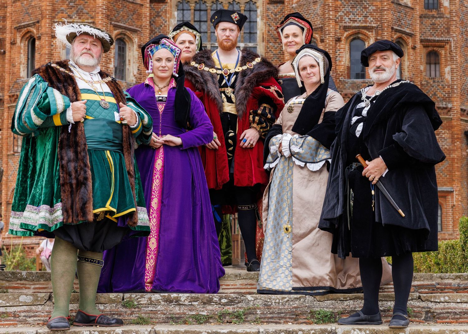 A group portrait of Tudor era re-enactors at Layer Marney Tower, Colchester, Essex