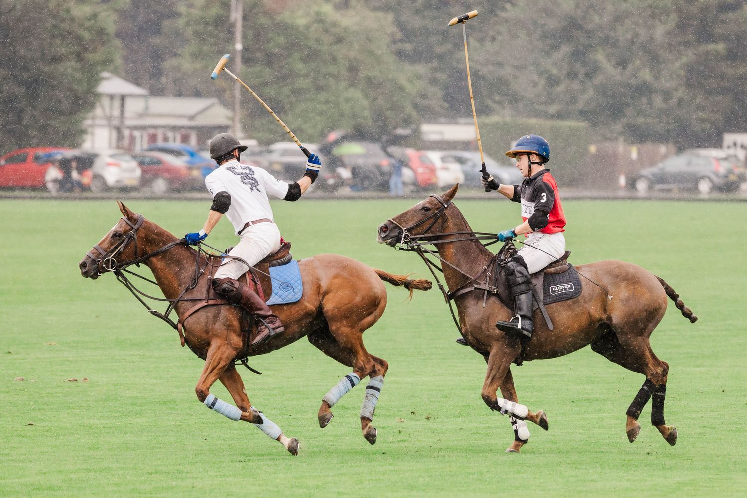 Two polo ponies and riders competing in the rain. Ham Polo Club, Richmond.