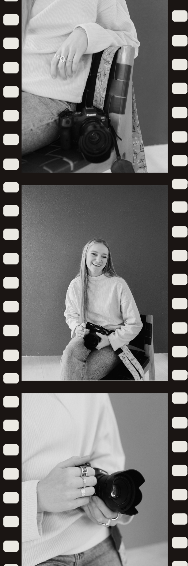 Film strip style layout showing various angles of camera handling and photography poses.