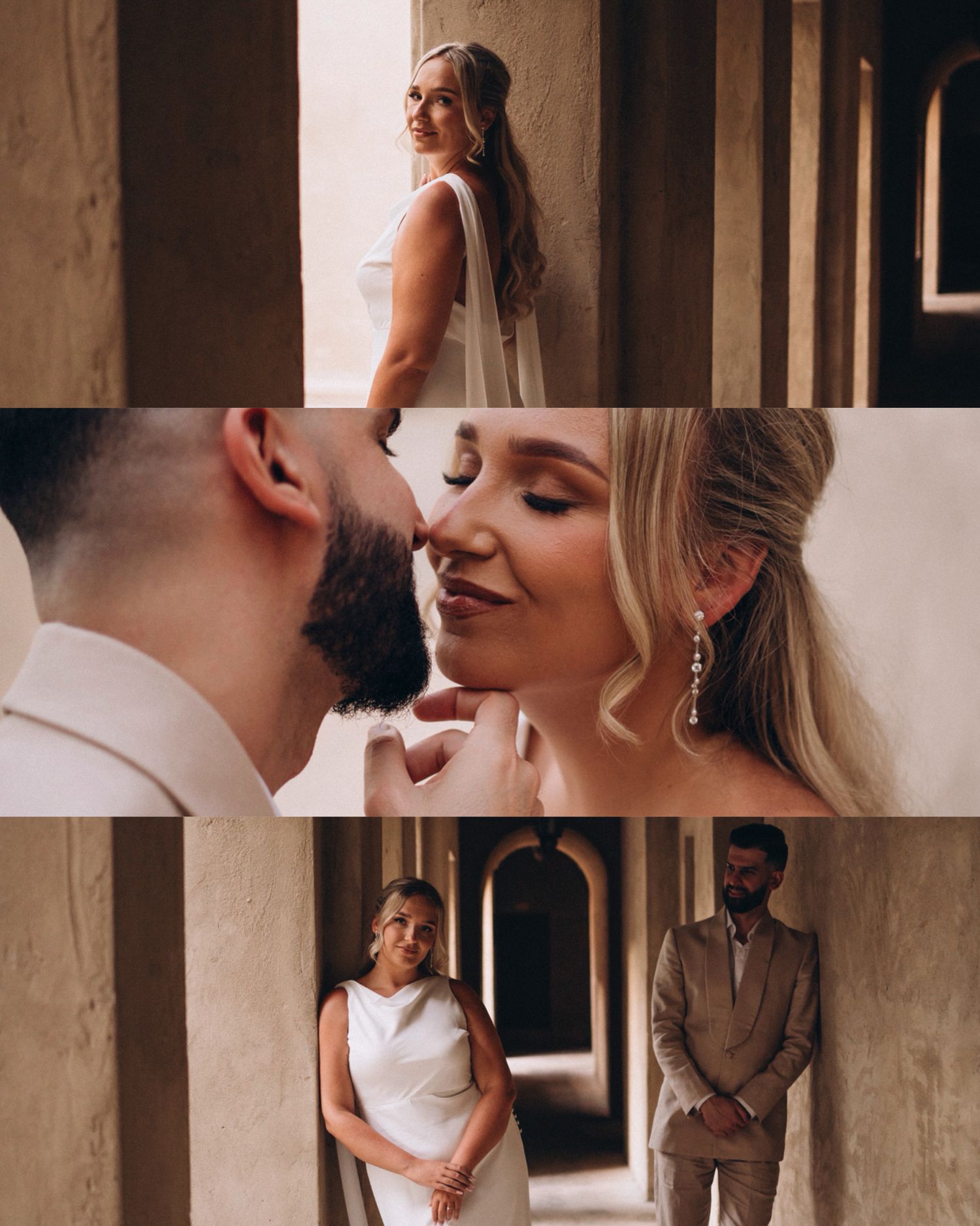 A romantic couple portrait session in a sunlit stone hallway.