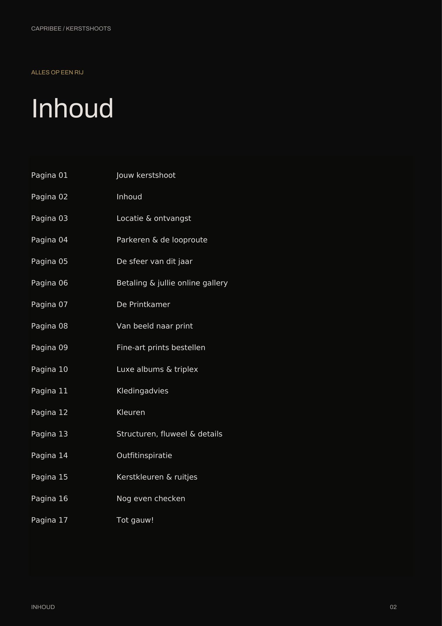 Dark Dutch table of contents page titled Inhoud listing 17 pages for a Christmas photoshoot guide, from location and prints to outfit inspir