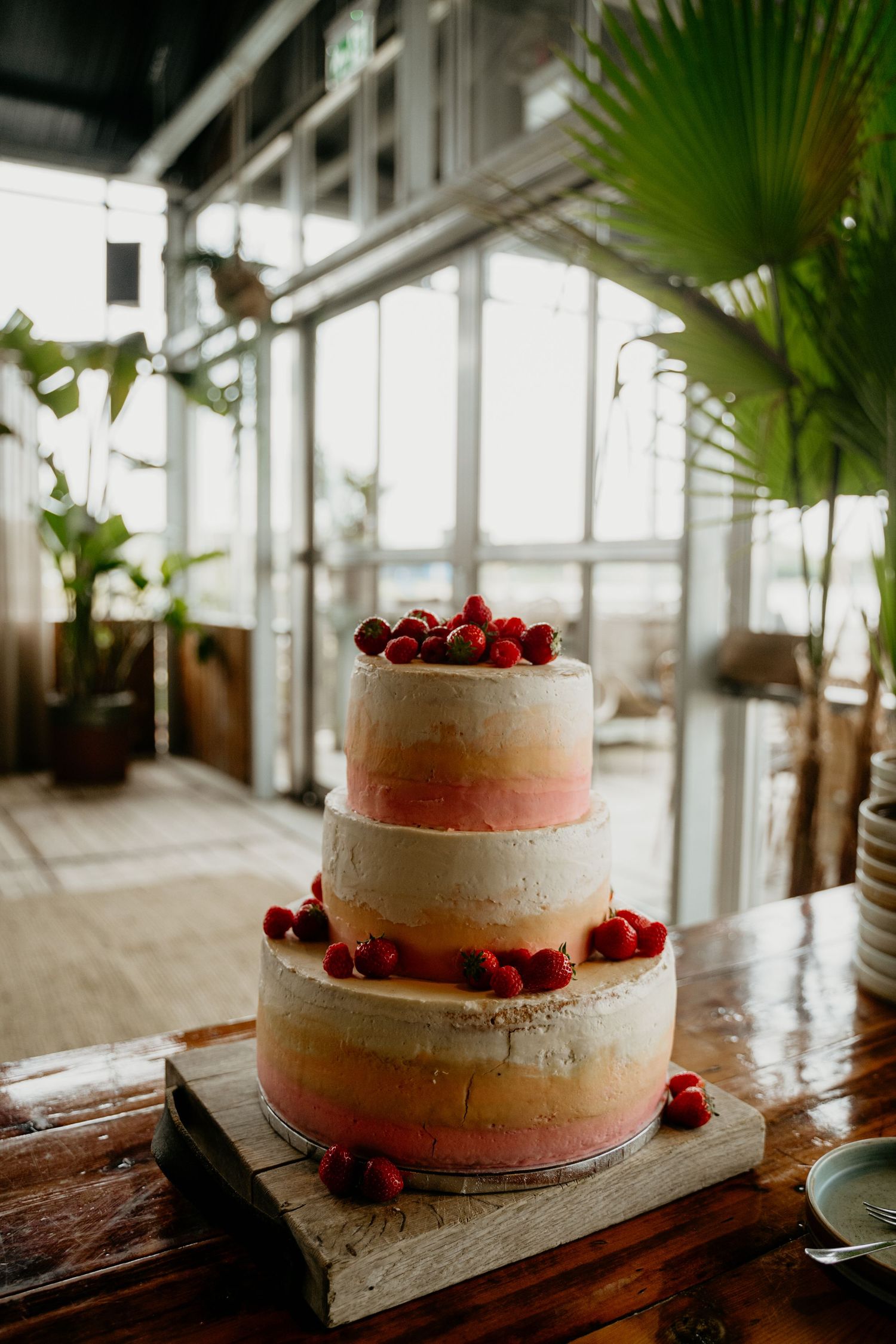 A white wedding cake decorated with fresh red berries sits in a bright greenhouse setting with palm fronds visible.