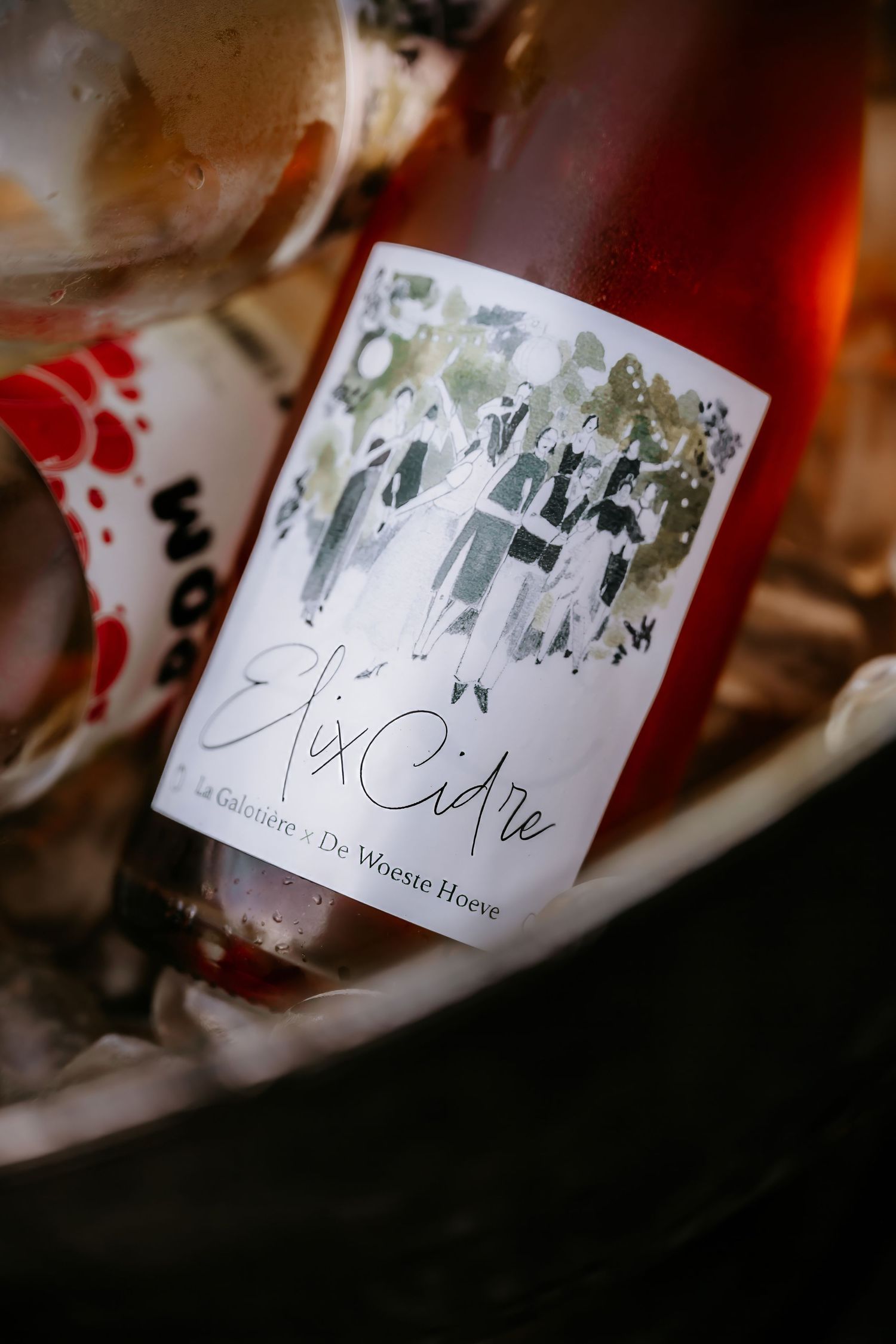 Close-up shot of a wine bottle label with artistic black and white illustration.
