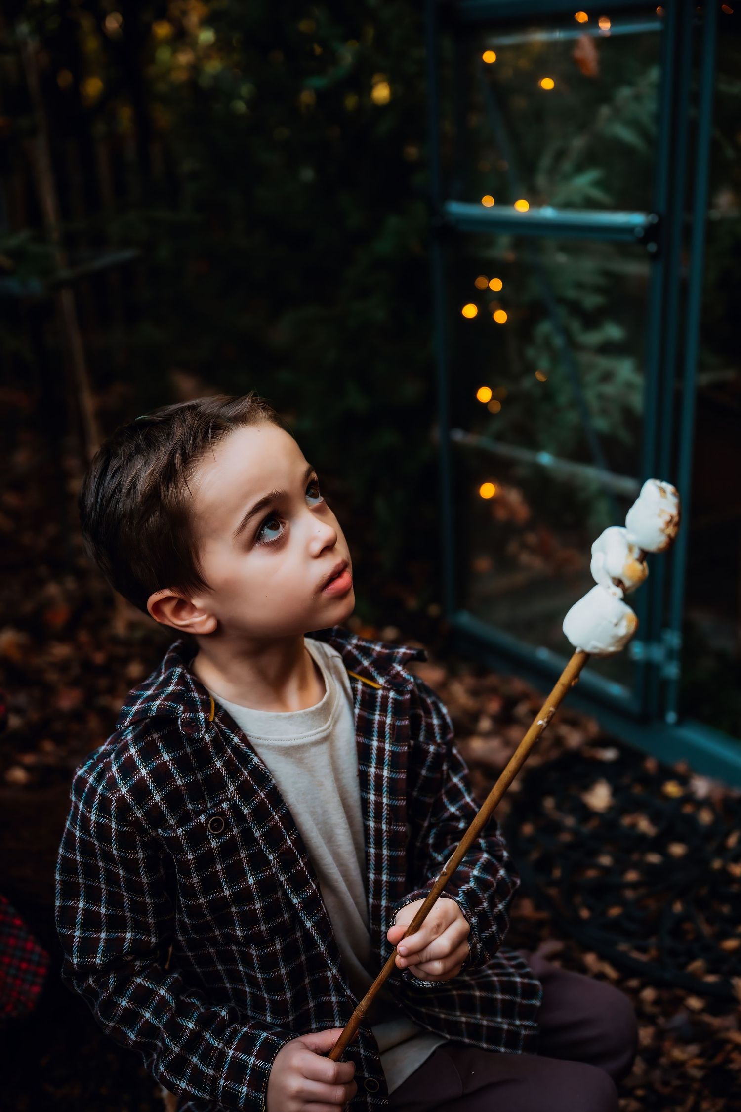 A child in a plaid shirt holds a marshmallow roasting stick while sitting outdoors at dusk with twinkling lights in background.