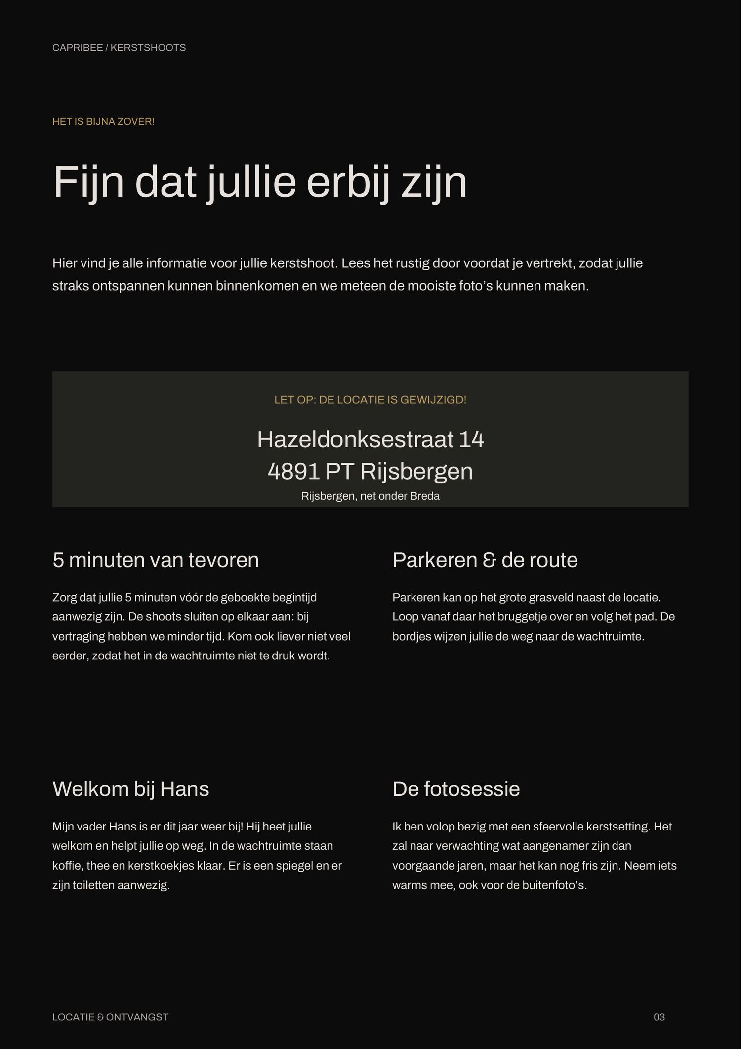 Dark info page for a Christmas photoshoot with the Rijsbergen studio address, travel and parking tips, and a welcome message from Hans.