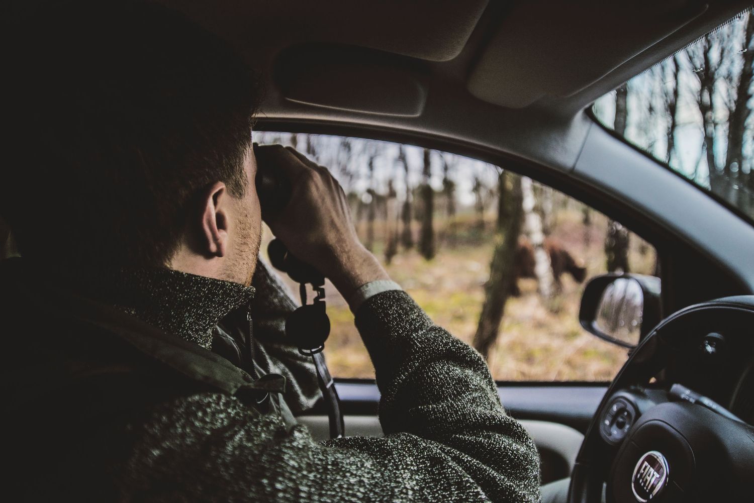 A person wearing a green sweater sits in the driver's seat of a car while looking out the window.