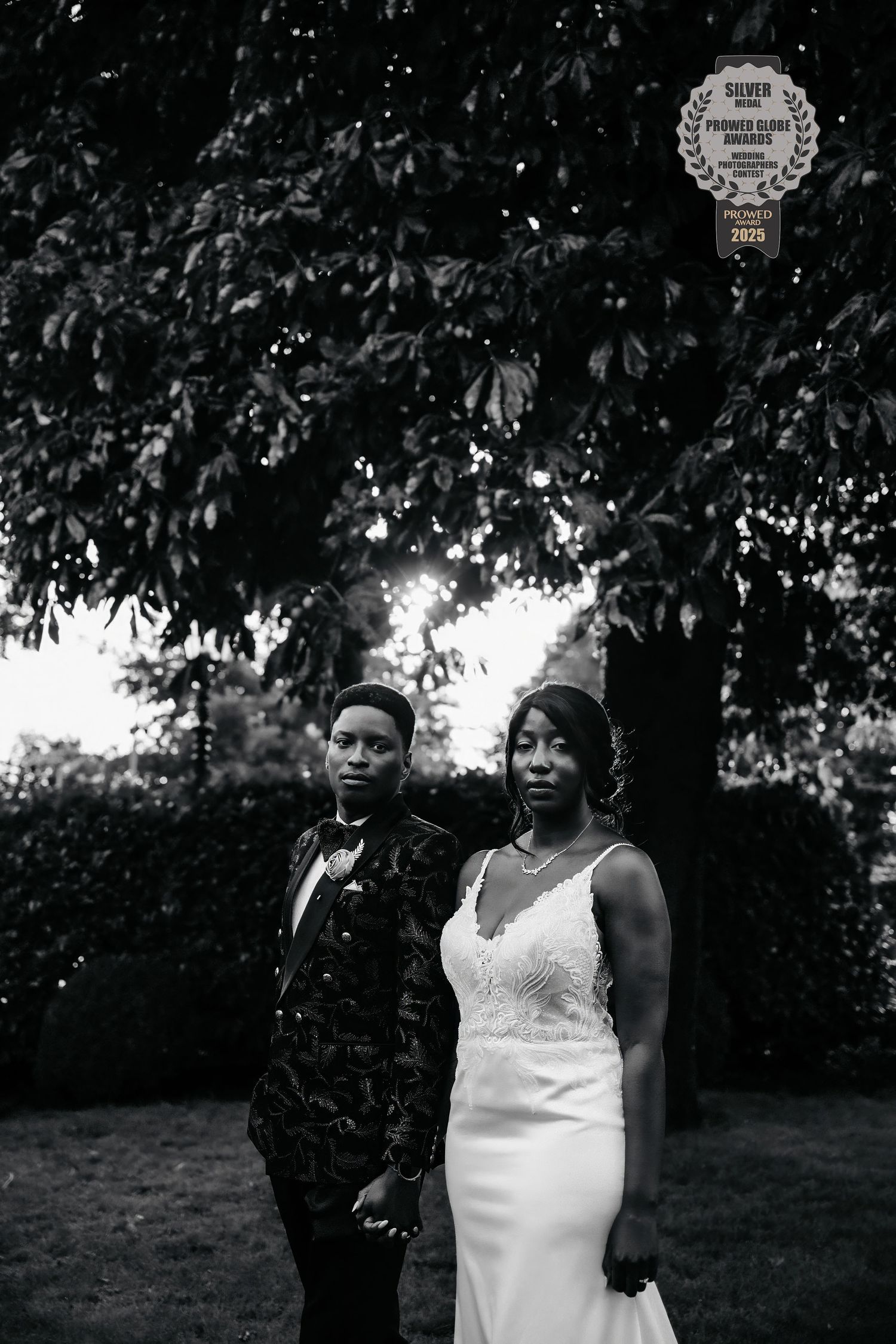 A sequence of black and white photos showing people outdoors under tree canopies in formal attire.