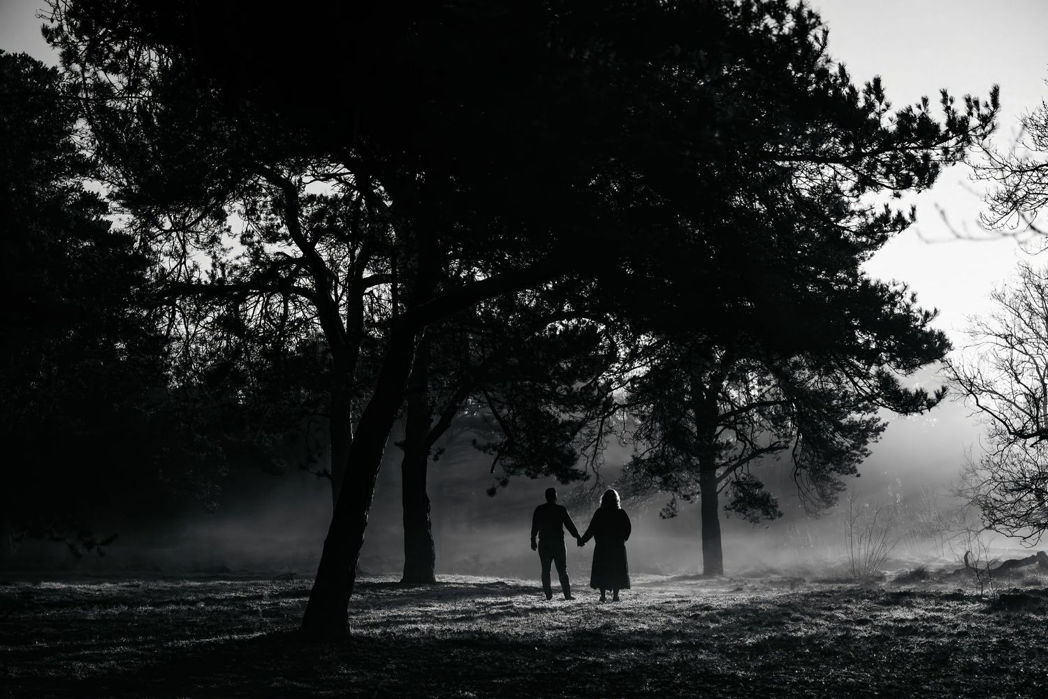 Silhouettes of two people walking hand in hand through a misty forest path at sunrise.