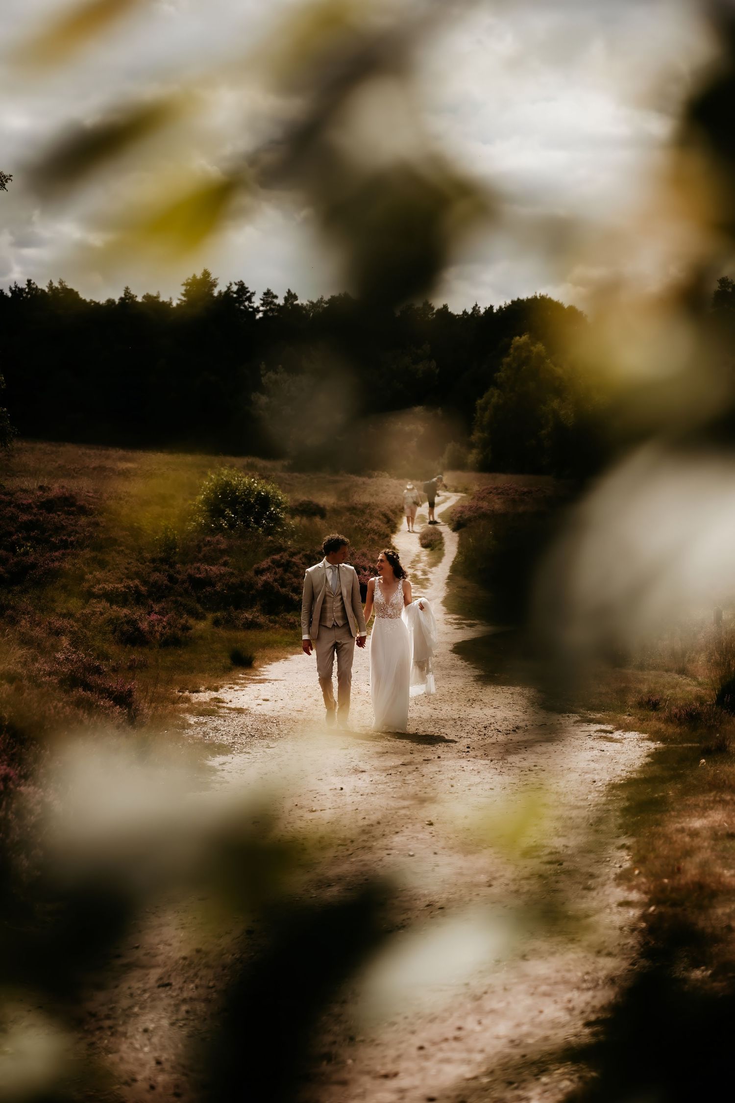 A dreamy wedding photo captured through foliage showing a couple walking down a rural path.