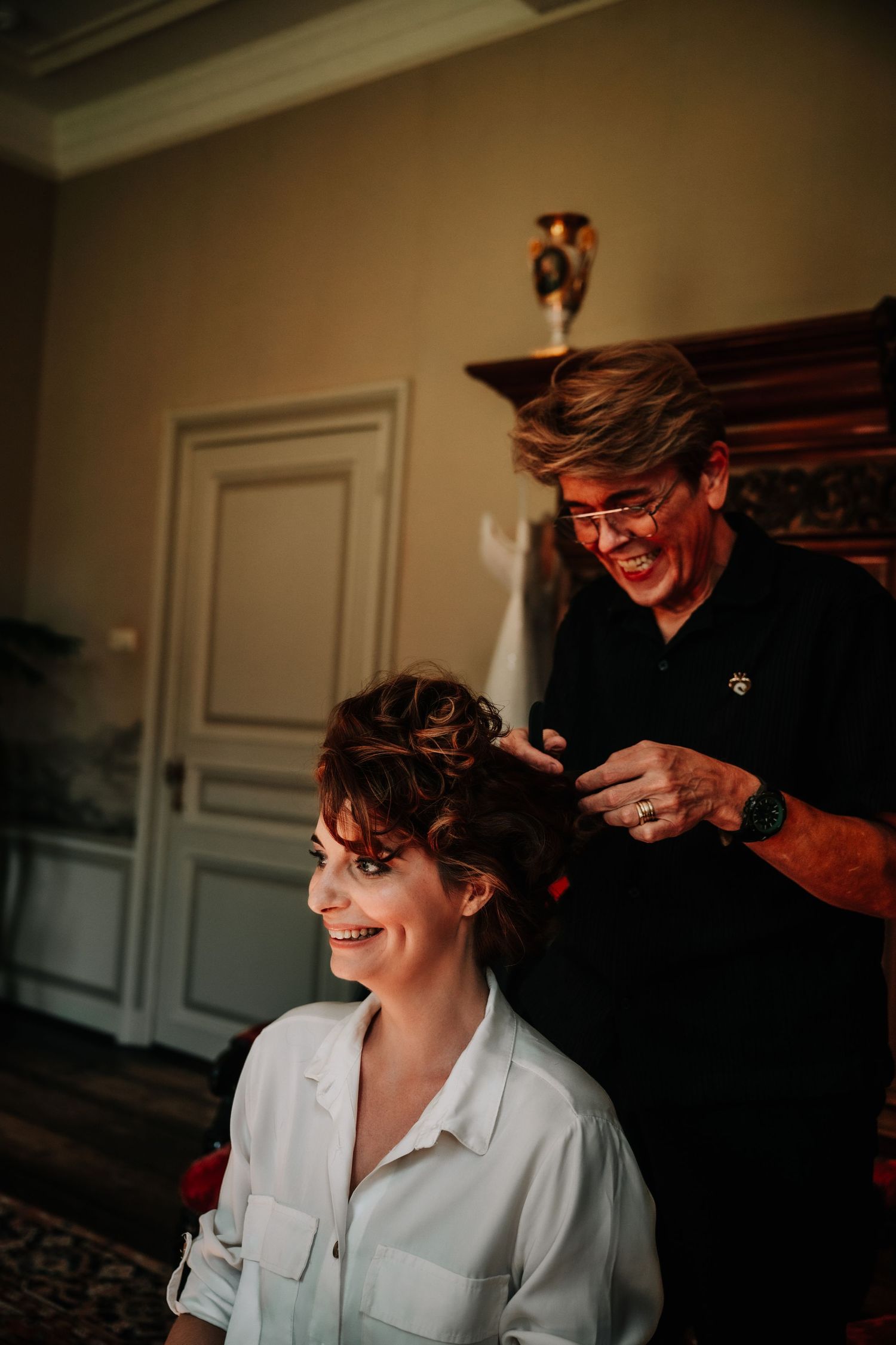 A sequence of candid preparation moments in a sunlit room with warm tones and natural lighting.