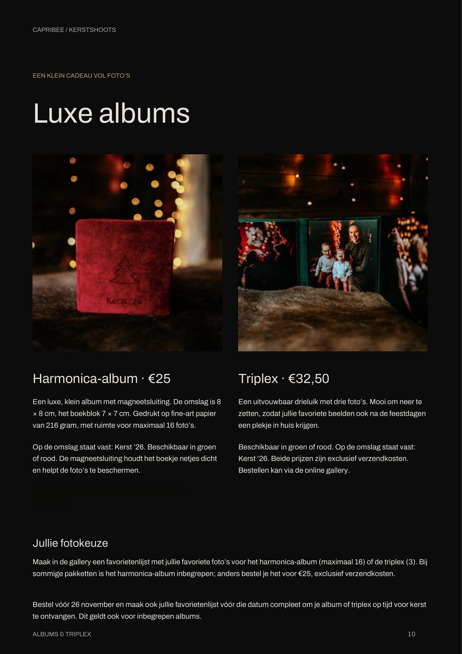 Luxe albums brochure page showing a red velvet harmonica album and a triplex photo frame with a family Christmas portrait.
