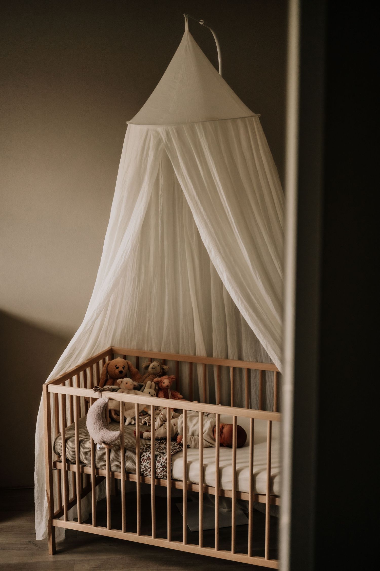 Wooden crib with white canopy and stuffed animals arranged inside a cozy nursery.