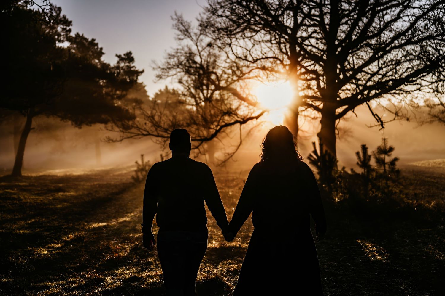 Silhouettes of people walking through misty field at golden sunset with trees in background.