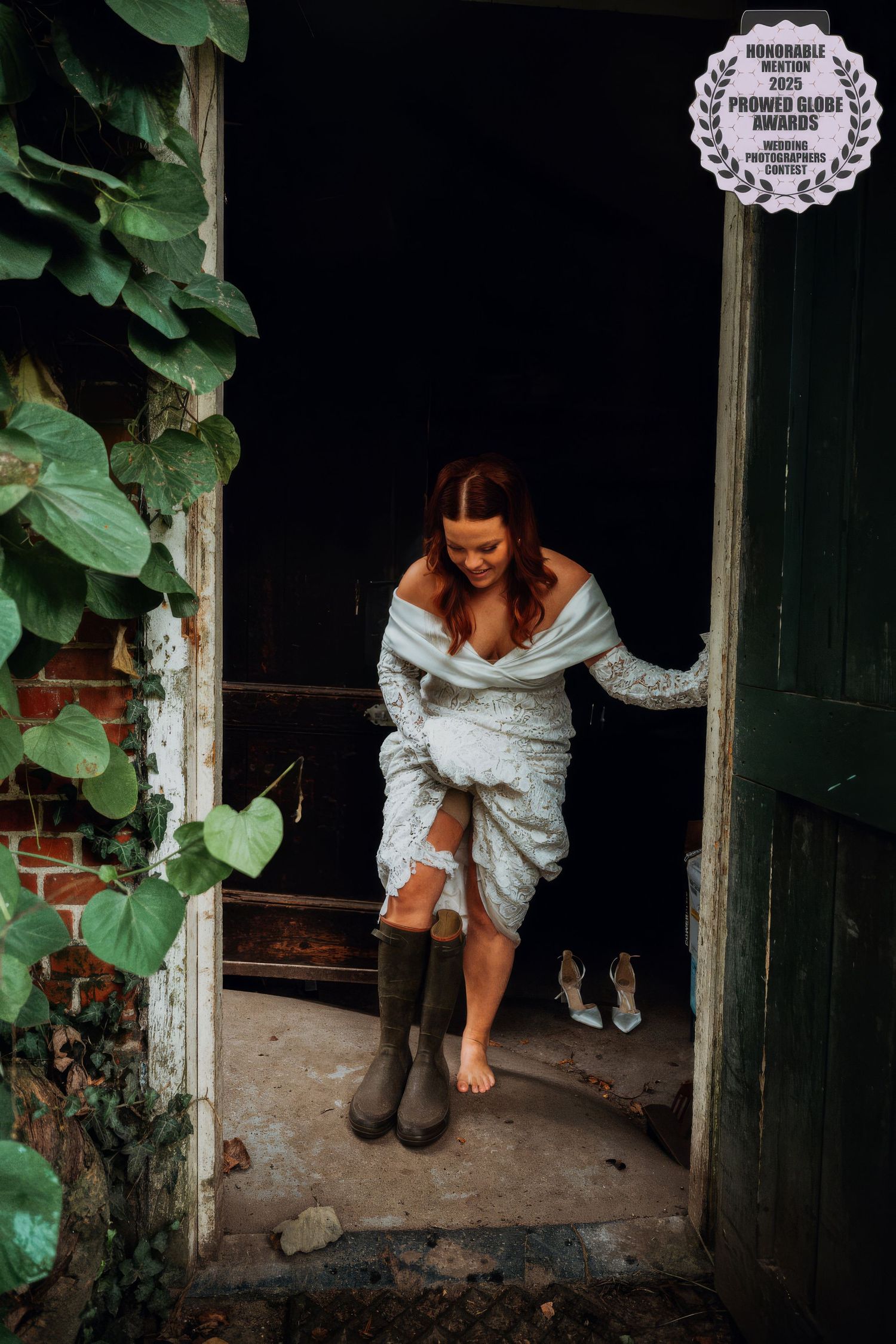 A series of three artistic photos showing someone in a white dress sitting on a rustic doorstep surrounded by green foliage.