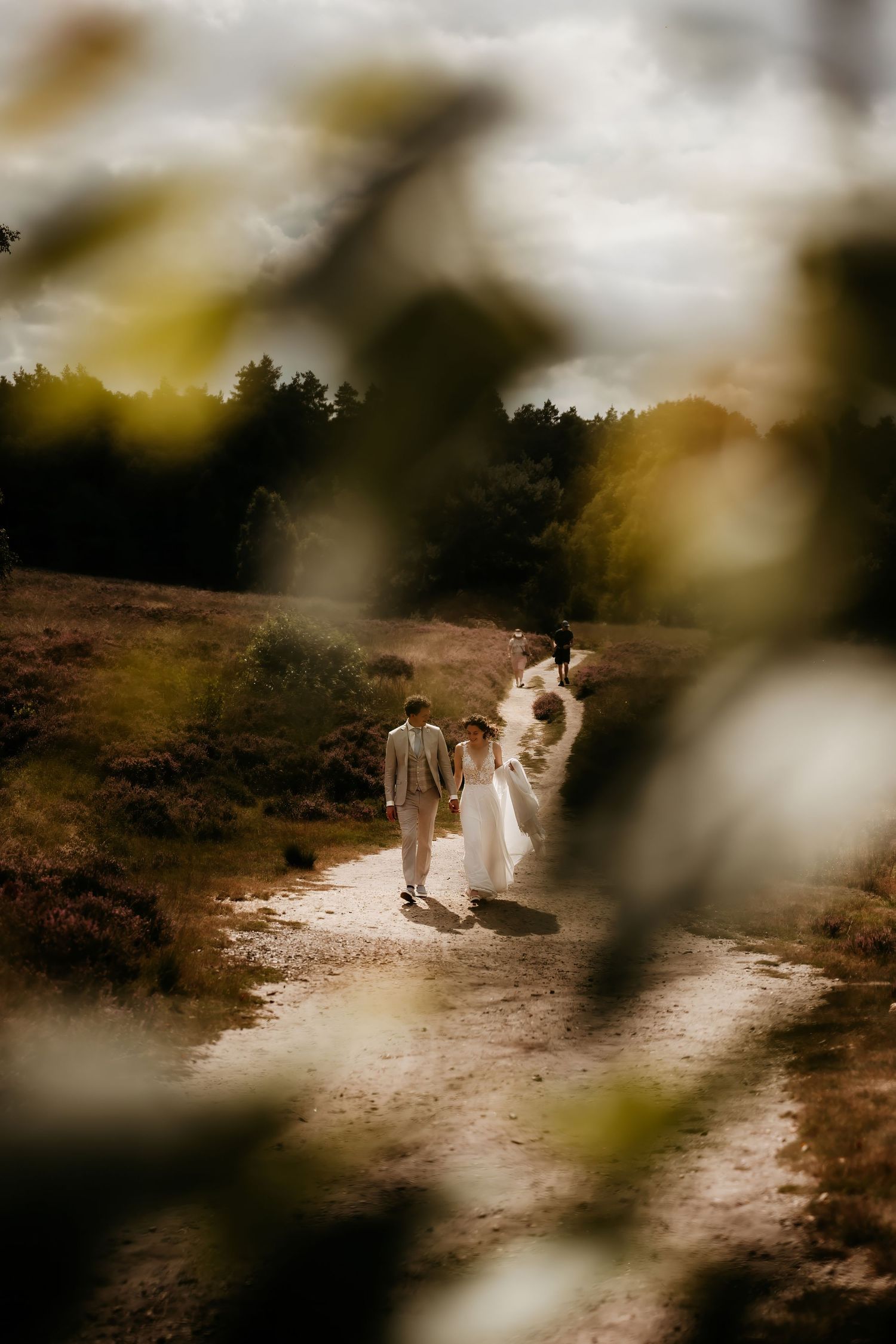 Dreamy wedding photo through foliage showing couple walking on a dirt path.