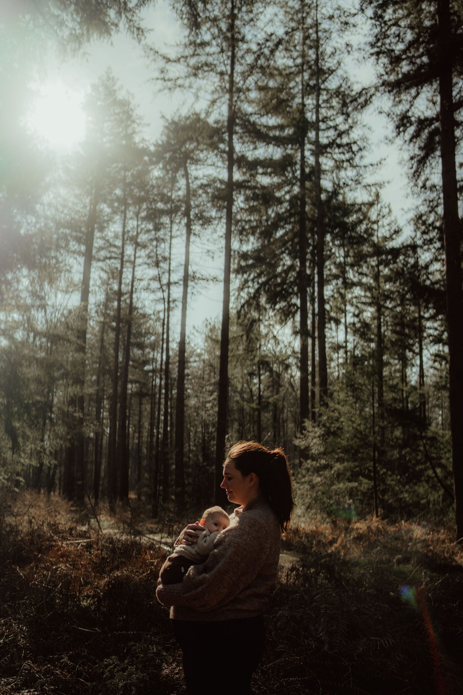 Silhouette of person holding baby against misty forest backdrop.