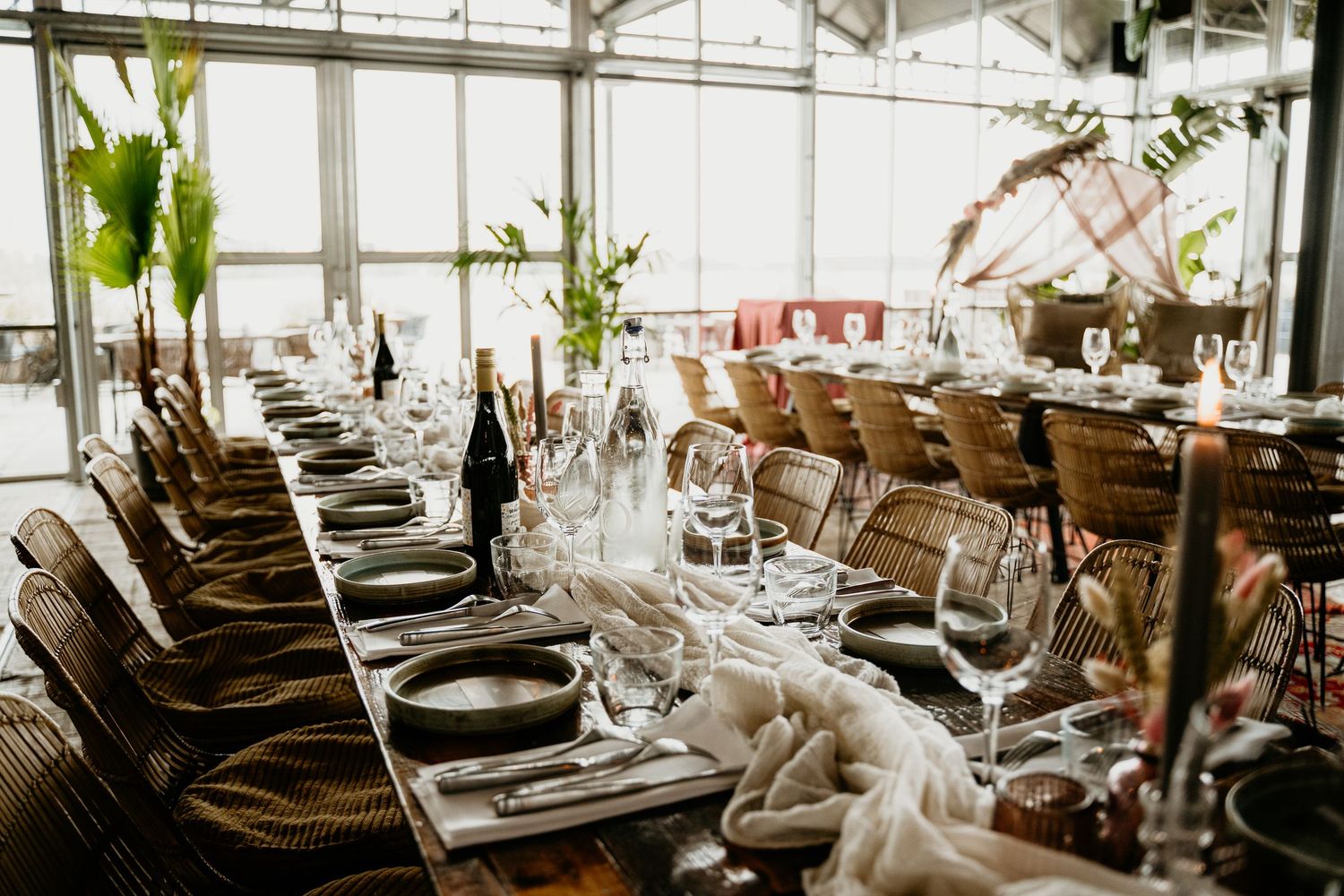 An elegant table setting with wine glasses and place settings in a bright conservatory space.