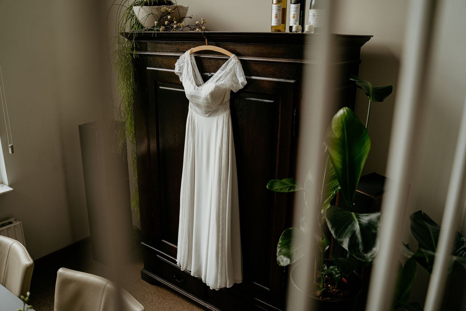 White wedding dress hanging on a wooden hanger against a white wall with green plants in the background.